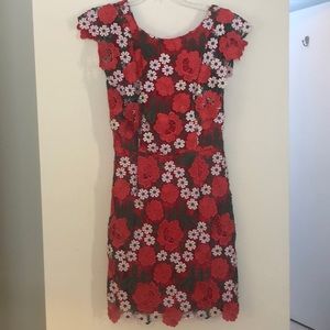 Topshop Size 6 red floral overlay sheath dress